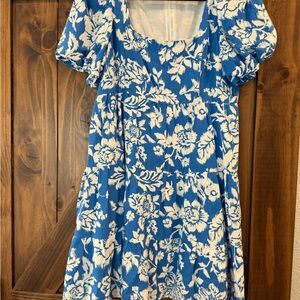 Joy Joy Blue and White Floral Puff-Sleeve Mini Dress